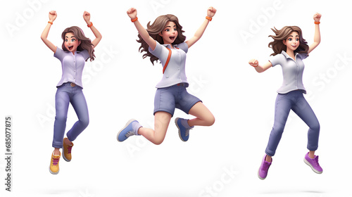 3D rendering set of a young happy cheerful girl character white isolated background