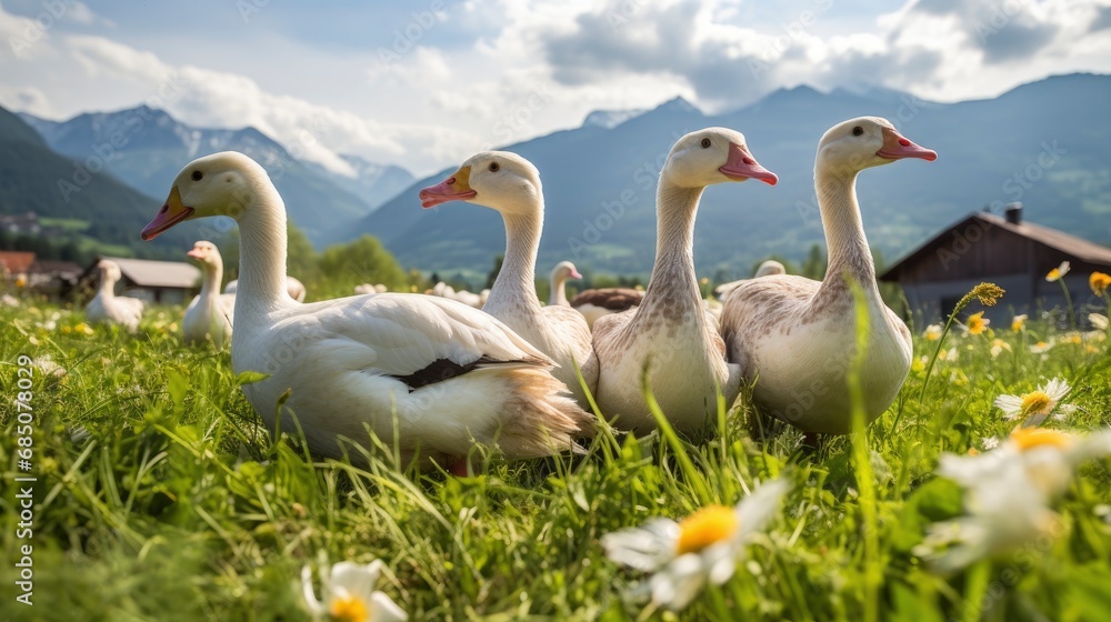 Obraz premium Domestic geese grazing with breathtaking landscape in background
