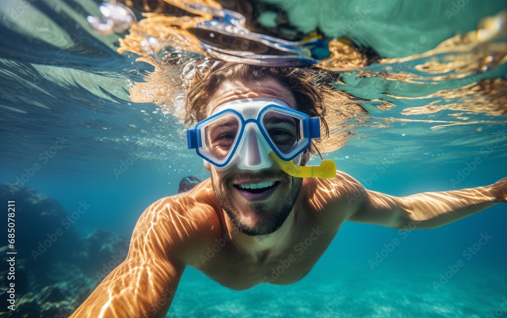 Fototapeta premium Chico haciendo snorkel en una playa paradisiaca. 
