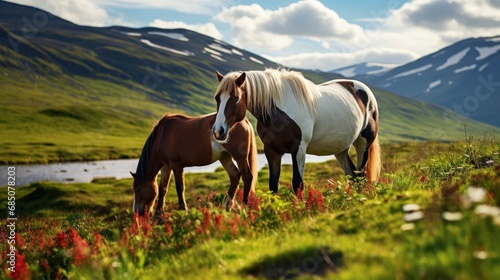 Beautiful horses grazing with breathtaking landscape in background