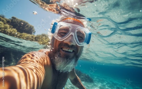 Selfie bajo el agua de un hombre maduro divirtiendose en el mar. photo