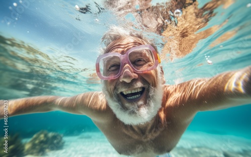 Hombre mayor haciéndose un selfie bajo el agua con una enorme sonrisa y ganas de vivir. 