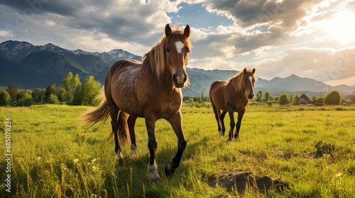 Beautiful horses grazing with breathtaking landscape in background © shooreeq