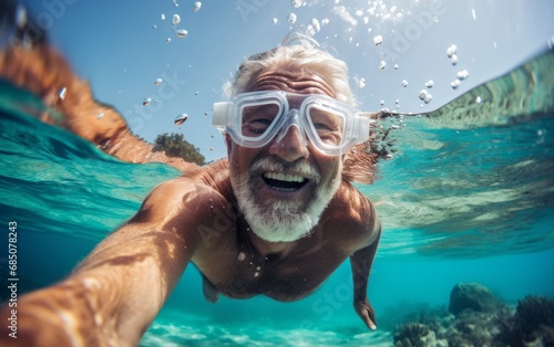 Vitalidad de un hombre de la tercera edad disfrutando del agua del mar en sus vacaciones. 