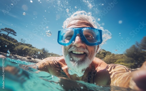 Hombre mayor disfrutando de las vacaciones en una playa cristalina. photo
