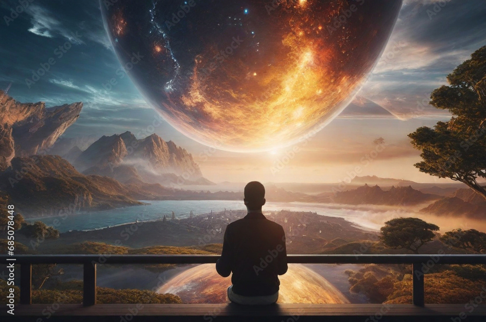 Man sitting on the balcony deck looking at the sea and mountains with looking at the planet. - obrazy, fototapety, plakaty 