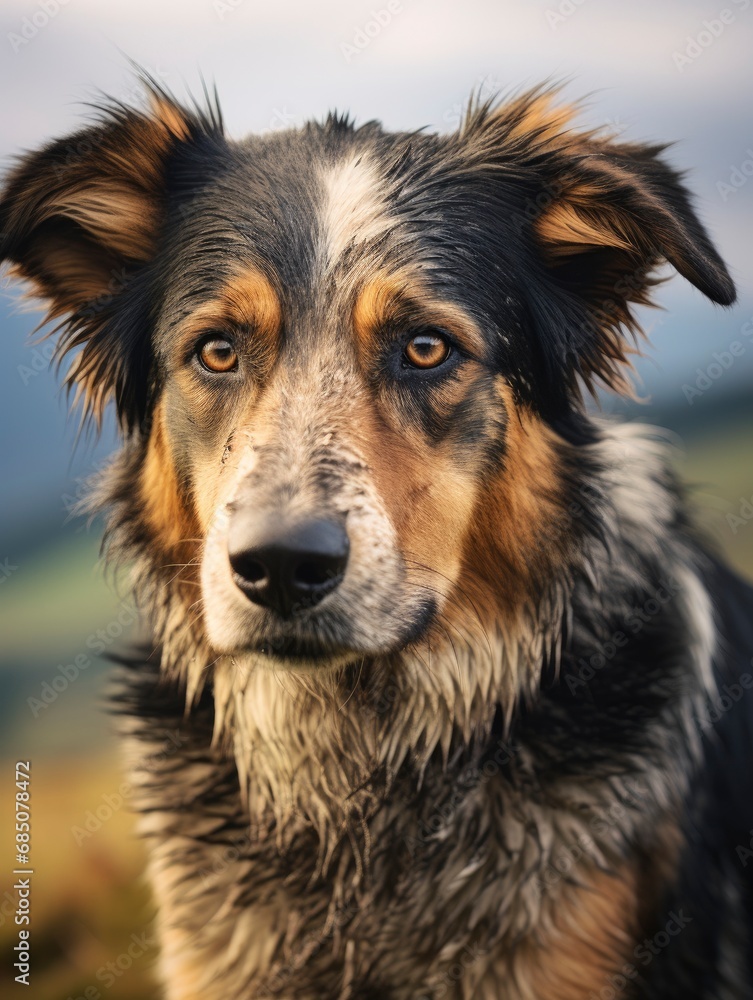 Farm dog shepherd with beautiful countryside in the background Farm dog shepherd with beautiful countryside in the background
