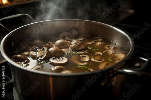 Hot mushroom soup in pot. Healthy vegetarian soup cooking cauldron. Generate ai