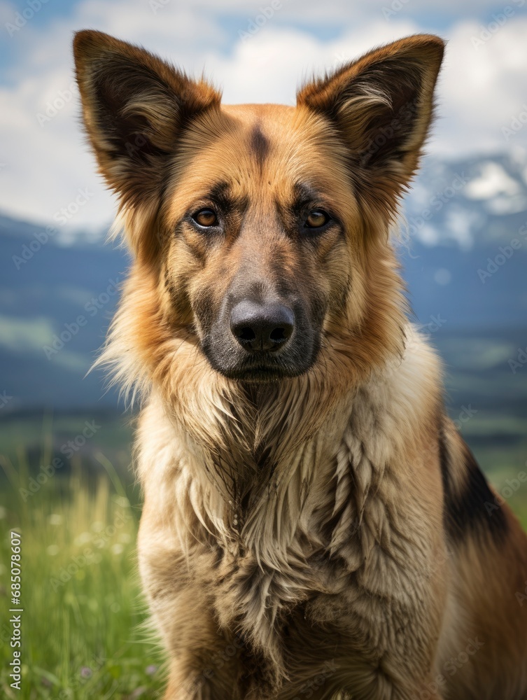 Farm dog shepherd with beautiful countryside in the background Farm dog shepherd with beautiful countryside in the background