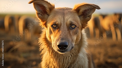 Farm dog shepherd with beautiful countryside in the background © shooreeq