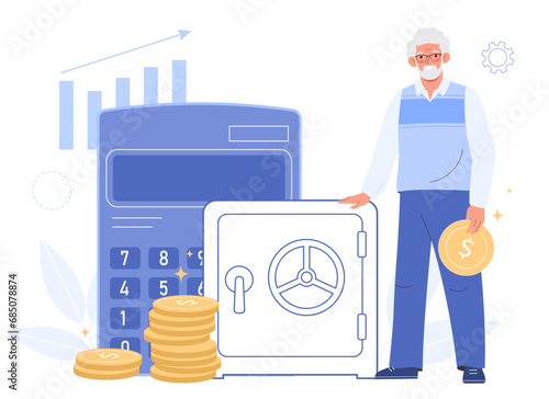 Elderly man standing next to a safe and holding a coin in his hand. Concept pension deductions, savings, wealthy retirement.
