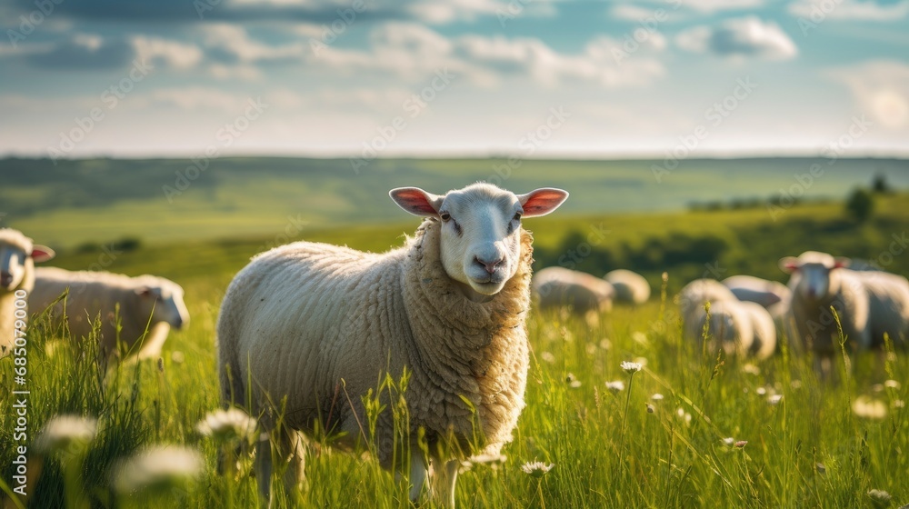 Sheeps grazing in an open pasture mountain meadows in the background Sheeps grazing in an open pasture mountain meadows in the background