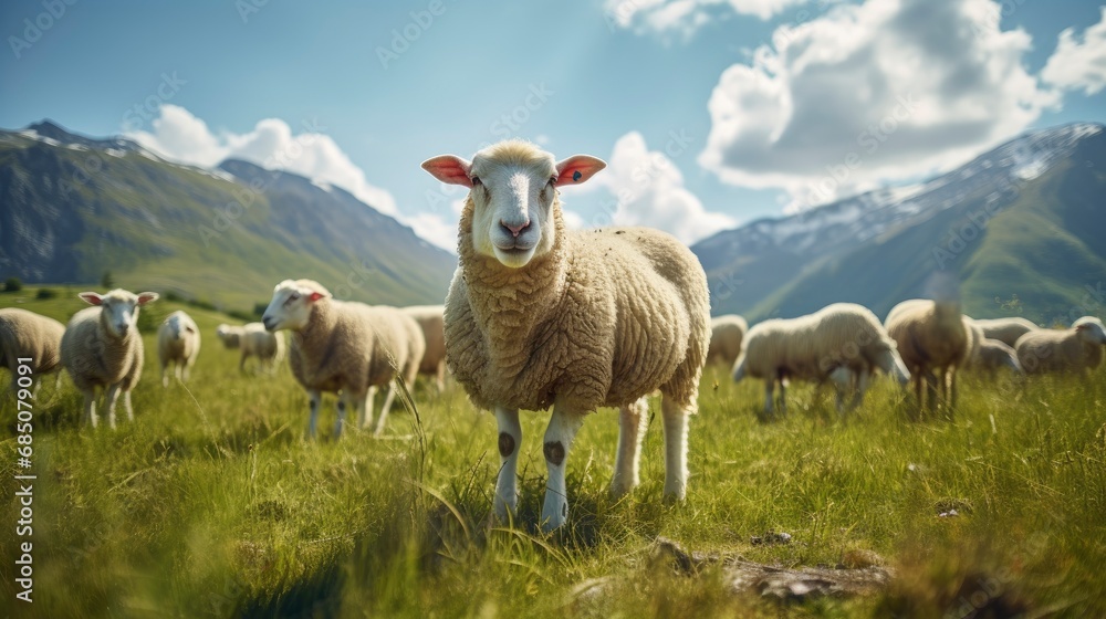 Fototapeta premium Sheeps grazing in an open pasture mountain meadows in the background