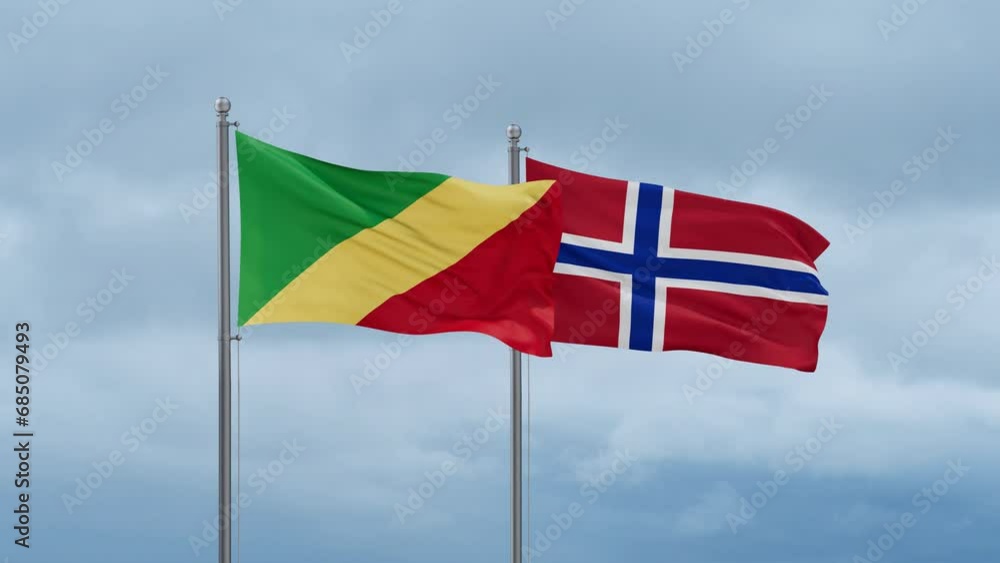 Norway flag and Congo-Brazzaville flag waving together on cloudy sky, endless seamless loop, two country relations concept Norway flag and Congo-Brazzaville flag waving together on cloudy sky, endless seamless loop, two country relations concept