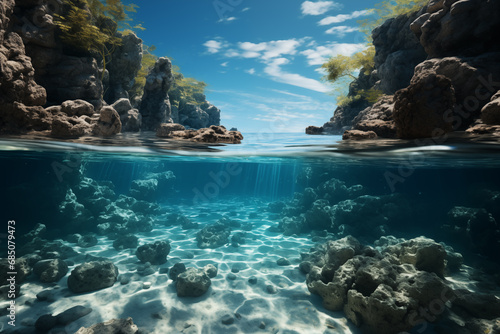 underwater view near the coast of a tropical volcanic island with water surface and coastal cliffs background photo