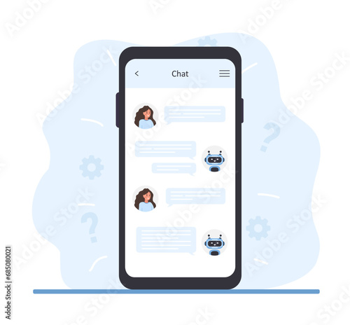 Chatbot concept. Woman chatting with robot on smartphone screen. AI business assistant. Online customer support and FAQ. Artificial intelligence technology. Vector illustration in flat cartoon style.