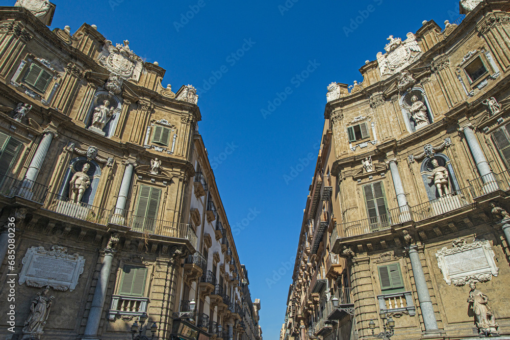 Palace facade at Quattro Canti square in Palermo, Sicily, Italy.