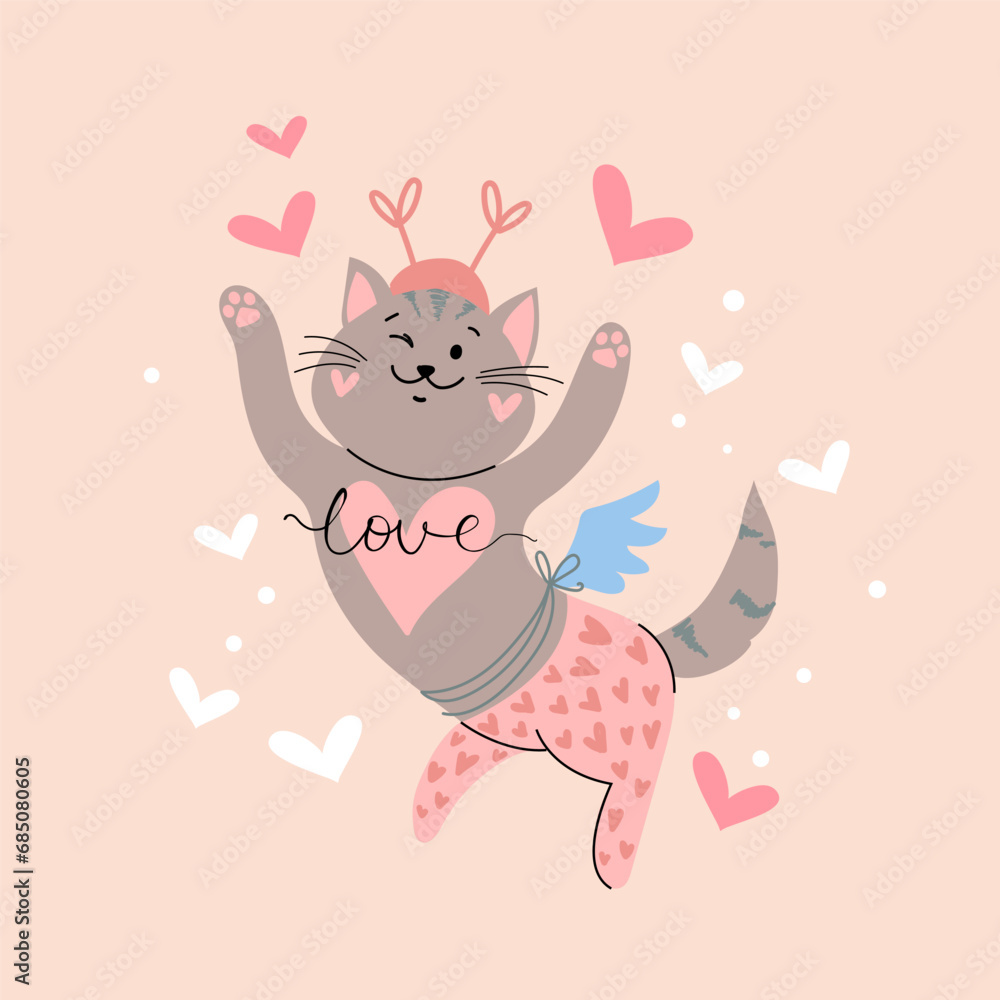 Cute cat with the inscription love on a pink background. Card for Valentine's Day. Vector illustration