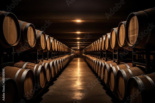 Large wine cellar with long rows of wooden barrels for storing wine  whiskey  beer. An ancient warehouse under castle.
