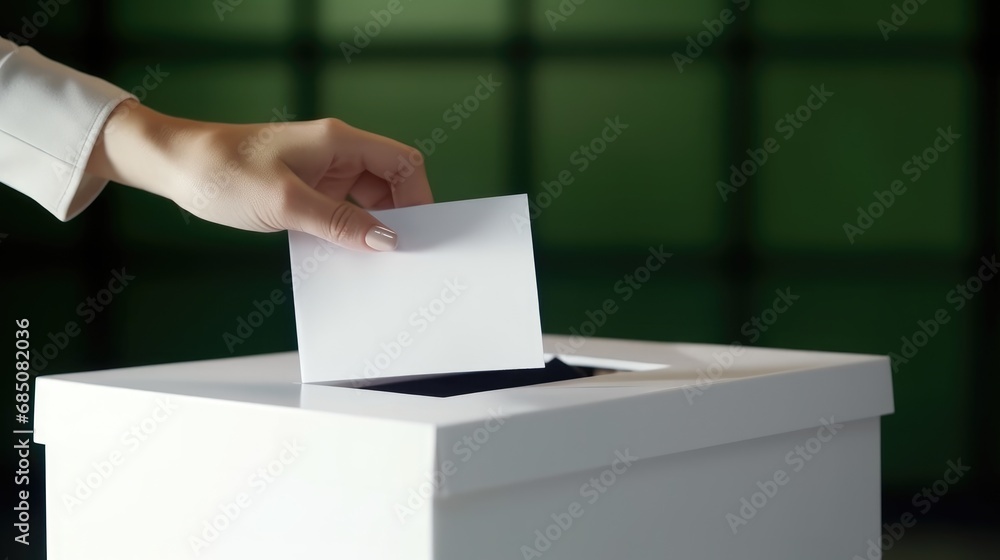 A voter's hand places a ballot into a ballot box in an election.