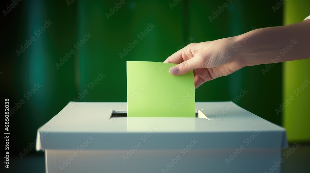 A voter's hand places a ballot into a ballot box in an election. A voter's hand places a ballot into a ballot box in an election.