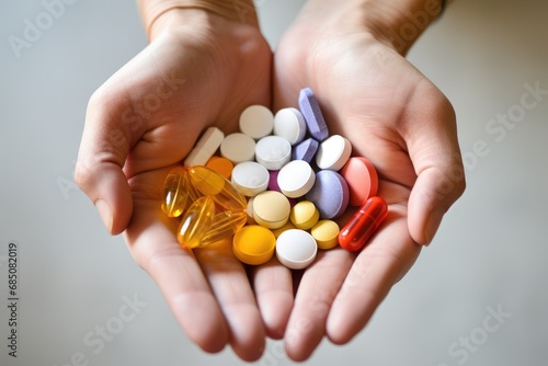 Multi-colored tablets, pills and capsules in the hands.