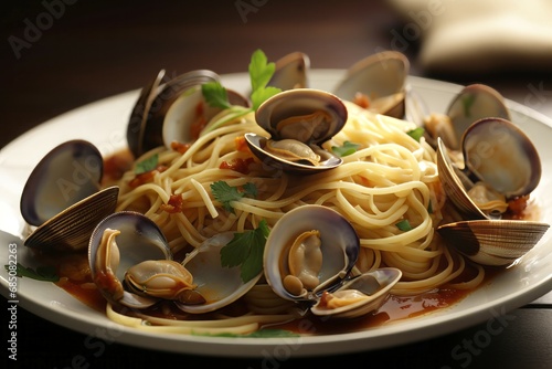 Pasta plate with clams. Serving delicious spaghetti with mollusks seafood. Generate ai