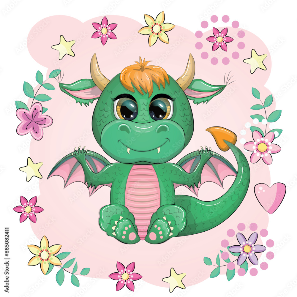 Naklejka premium Cute cartoon green baby dragon with horns and wings. Symbol of 2024 according to the Chinese calendar. Funny mythical monster reptile