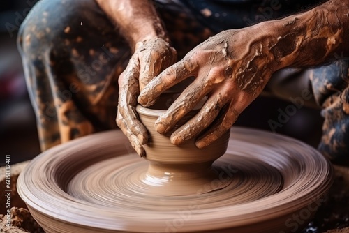 Close-up hands of a potter sculpting a pot, a bowl from raw clay on a potter's wheel in a ceramic workshop.