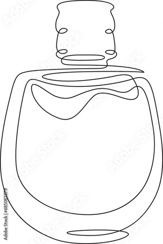 Bottle of perfume. Perfumery.  Case of eau de toilette water. One continuous line drawing. Linear. Hand drawn, white background. One line.