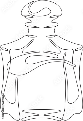 Bottle of perfume. Perfumery.  Case of eau de toilette water. One continuous line drawing. Linear. Hand drawn, white background. One line.