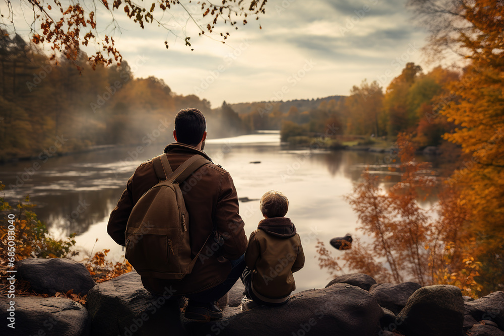 Father and young son sitting on stone near the lake and enjoying in beautiful view. Parent and son spending quality time together in the nature.
