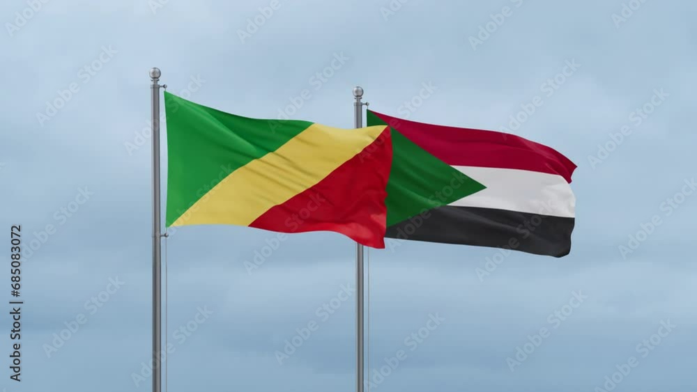 Sudan and Congo-Brazzaville flag waving together on cloudy sky, endless seamless loop, two country cooperation concept Sudan and Congo-Brazzaville flag waving together on cloudy sky, endless seamless loop, two country cooperation concept