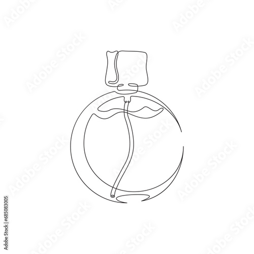 Bottle of perfume. Perfumery.  Case of eau de toilette water. One continuous line drawing. Linear. Hand drawn, white background. One line.