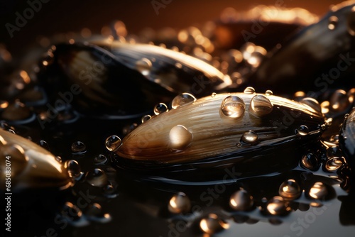 Pearls mussel shells with water drops. Underwater sea treasure shelly precious. Generate ai
