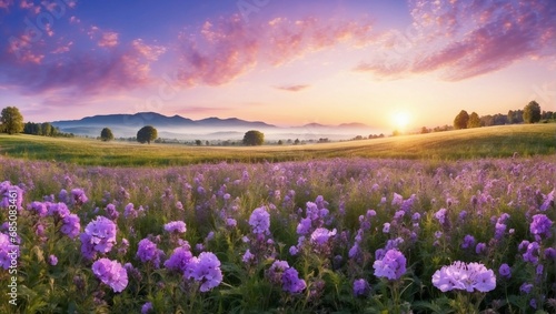 Vibrant sunset over a purple flowers field with a panoramic view 
