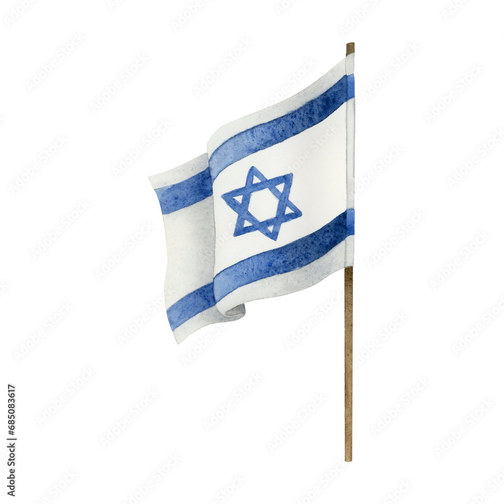 Flag of Israel with flagpole or wooden shaft watercolor isolated illustration in white and blue. Waving Israeli flag with star of David emblem hand drawn clipart - obrazy, fototapety, plakaty 