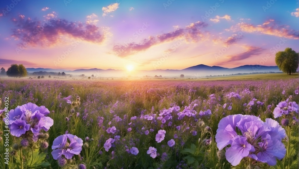 Obraz premium Vibrant sunset over a purple flowers field with a panoramic view 