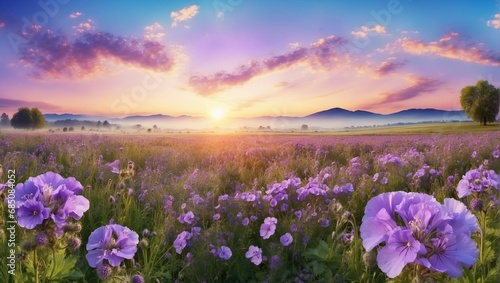 Vibrant sunset over a purple flowers field with a panoramic view 