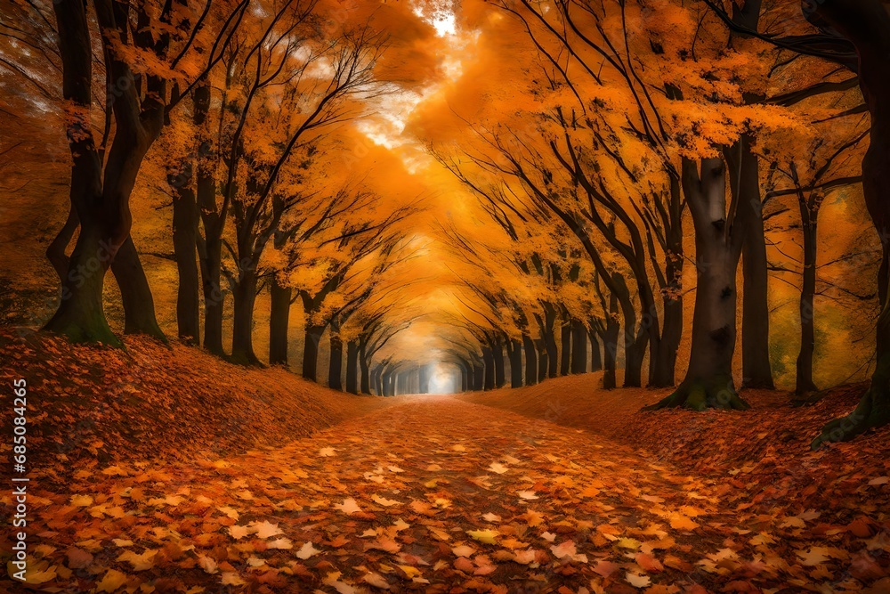 The forest path weaving through a dense carpet of fallen leaves, with the trees forming a majestic tunnel of autumnal splendor overhead.