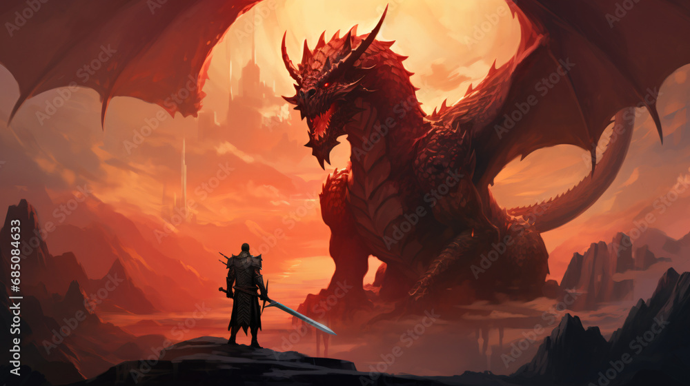Warrior holding a sword standing near the dragon