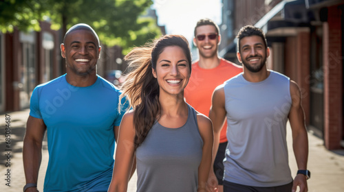 Diverse group of fictional athletic people before a running workout outside during sunny daytime. Concept of fitness, healthy lifestyle, diversity, teamwork and unity. 