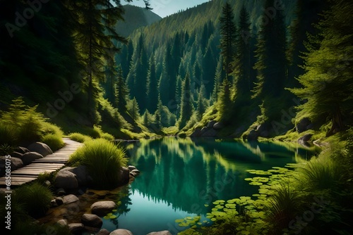 A stony path leading through a tranquil forest  opening up to reveal a clear  mirror-like lake surrounded by vibrant greenery and distant mountains.