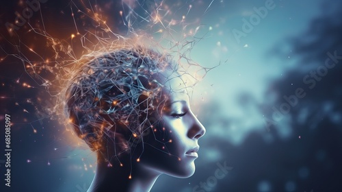 enlightened mind: glowing neurons in human brain, esoteric meditation concept, connection with other worlds photo
