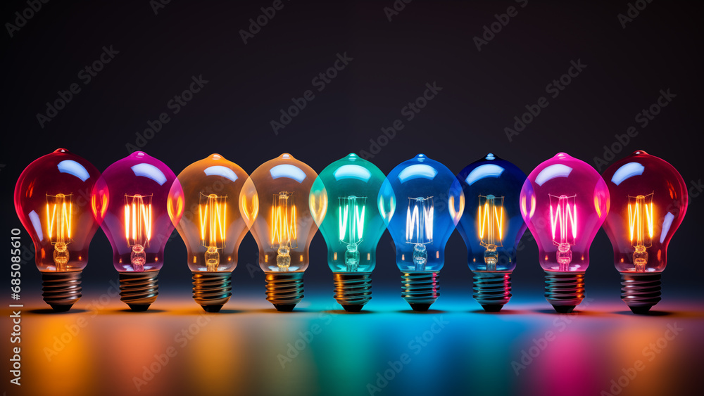 Colorful lights of light bulbs emitting light of various colors on a dark background