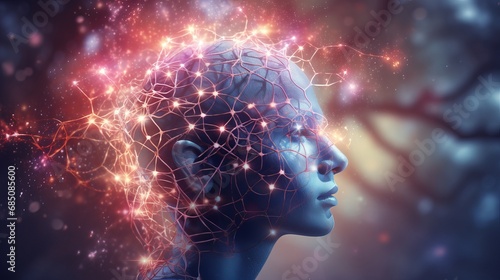 enlightened mind: glowing neurons in human brain, esoteric meditation concept, connection with other worlds