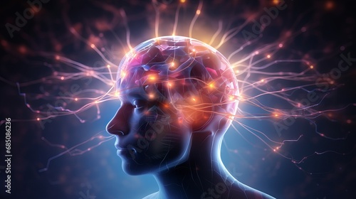 enlightened mind: glowing neurons in human brain, esoteric meditation concept, connection with other worlds