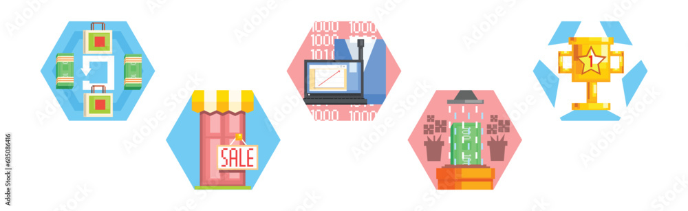 Consumer and Marketing Icon in Hexagonal Shape Vector Set