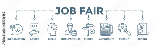 Job fair banner web icon vector illustration concept for employee recruitment and onboarding program with an icon of the information, advice, skills, occupational, applicants, recruit, and hiring