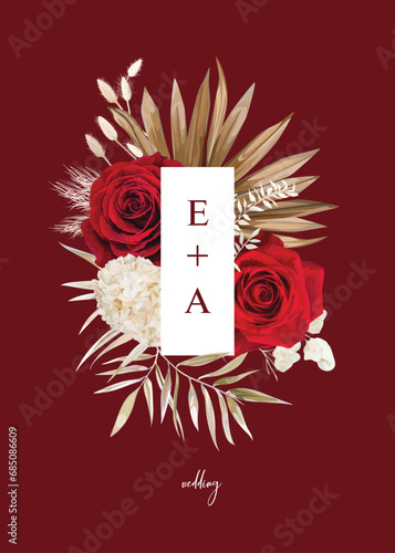 Bohemian red color wedding invite, save the date card. Roses, dry beige Hydrangea, palm branch, pampas grass, white leaves bouquet decoration. Chic winter editable watercolor style vector illustration
